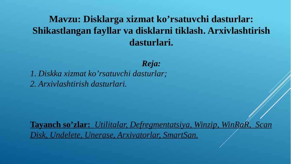 Disklarga xizmat ko’rsatuvchi dasturlar: Shikastlangan fayllar va disklarni tiklash. Arxivlashtirish dasturlari.