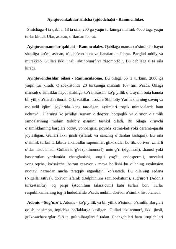 Ayiqtovonkabilar sinfcha (ajdodcha)si - Ranuncnlidae