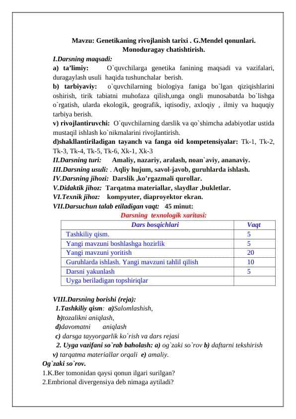 genetikaning rivojlanish tarixi . G.Mendel qonunlari. Monoduragay chatishtirish