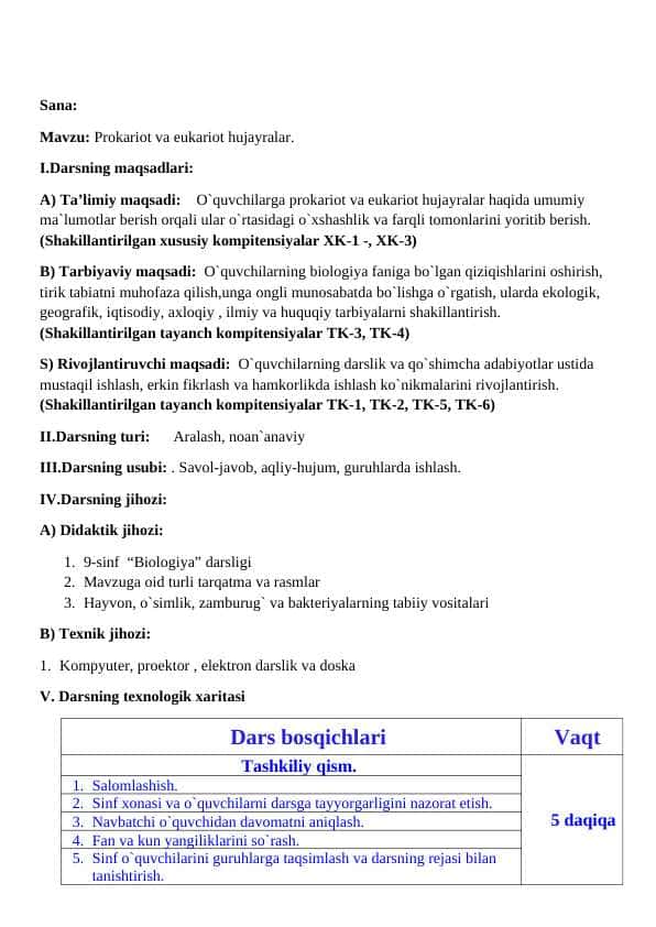 Prokariot va eukariot hujayralar. Dars ishlanma