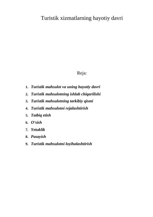 Turistik xizmatlarning hayotiy davri