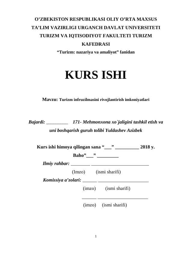 Turizm infratuzilmasini rivojlantirish imkoniyatlari