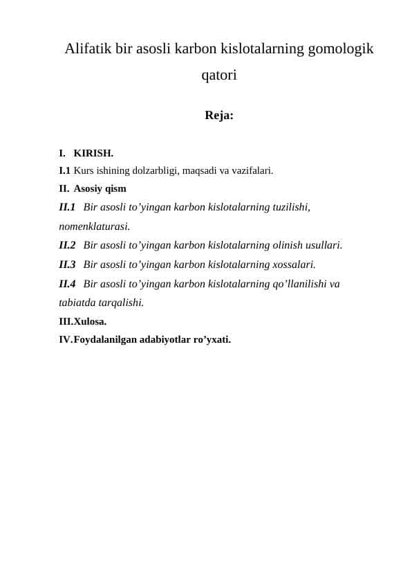Alifatik bir asosli karbon kislotalarning gomologik qatori