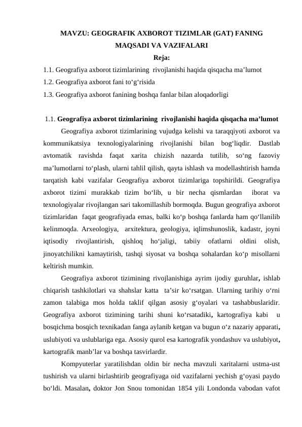 GEOGRAFIK AXBOROT TIZIMLAR (GAT) FANING MAQSADI VA VAZIFALARI