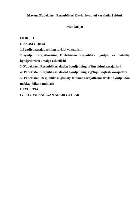 O'zbekiston Respublikasi Davlat byudjeti xarajatlari tizimi.