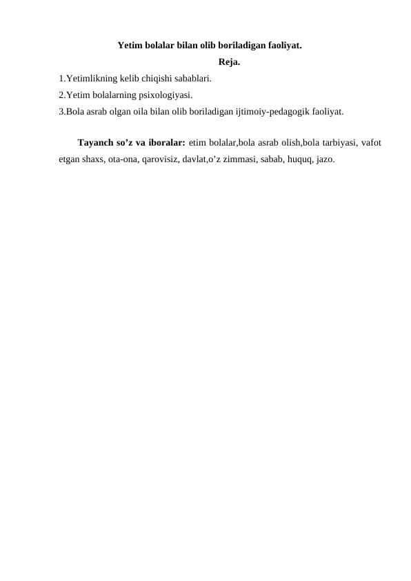 Yetim bolalar bilan olib boriladigan faoliyat