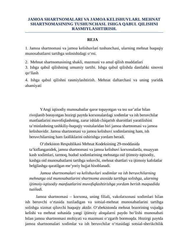 JAMOA SHARTNOMALARI VA JAMOA KELISHUVLARI. MEHNAT SHARTNOMASINING TUSHUNCHASI. ISHGA QABUL QILISHNI RASMIYLASHTIRISH.