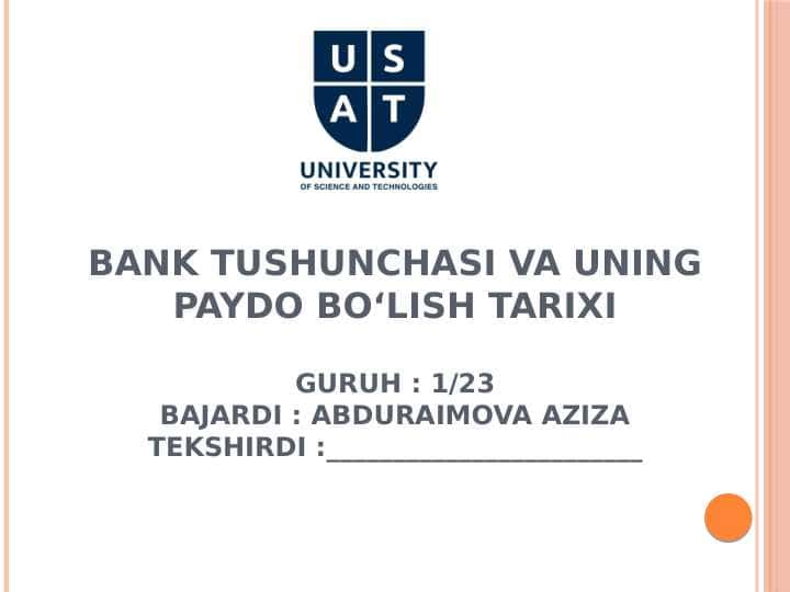 BANK TUSHUNCHASI VA UNING PAYDO BOʻLISH TARIXI
