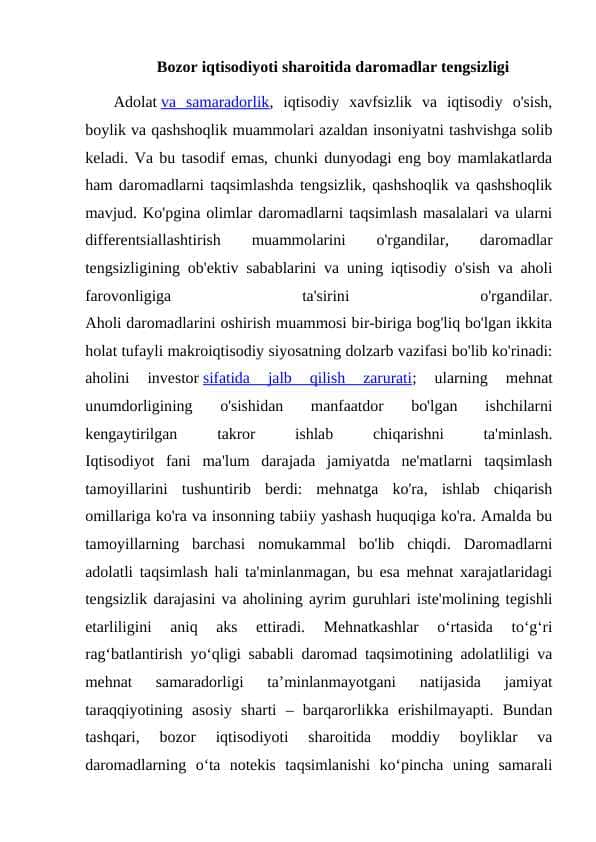 Bozor iqtisodiyoti sharoitida daromadlar tengsizligi
