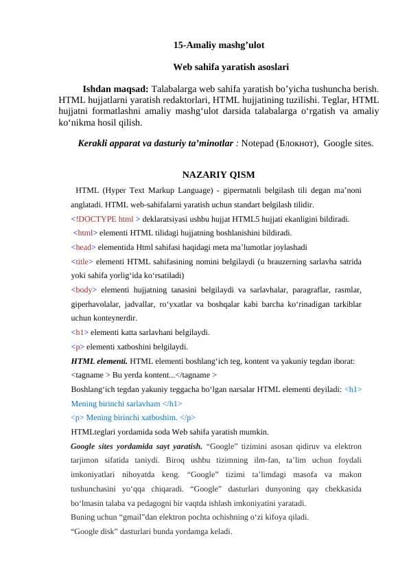 Web sahifa yaratish asoslari