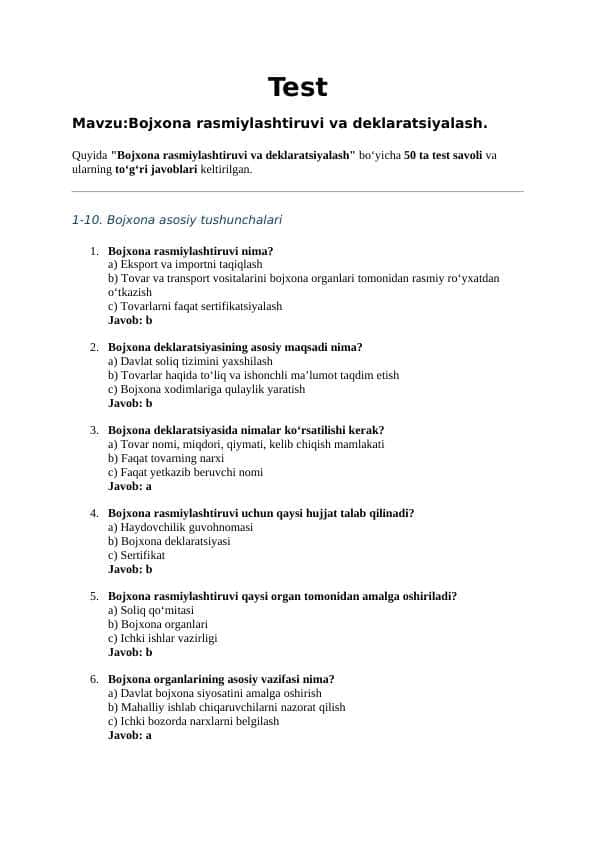 Mavzu:Bojxona rasmiylashtiruvi va deklaratsiyalash