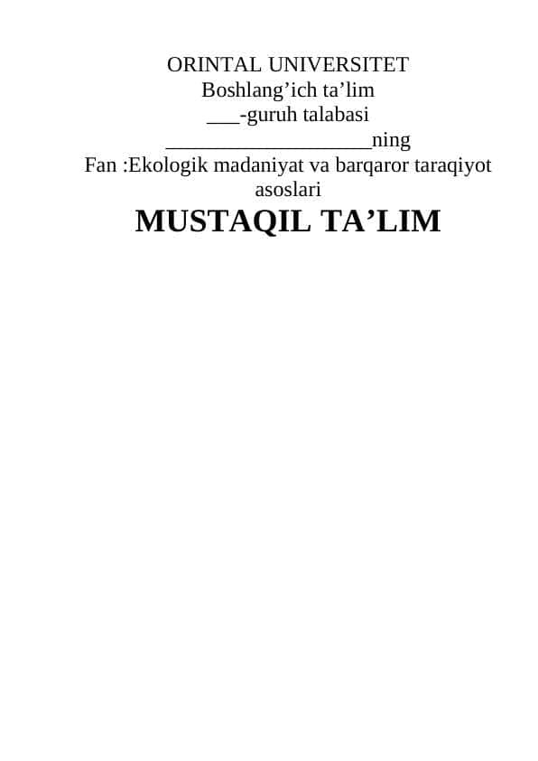Ekologik madaniyat va barqaror taraqiyot asoslari