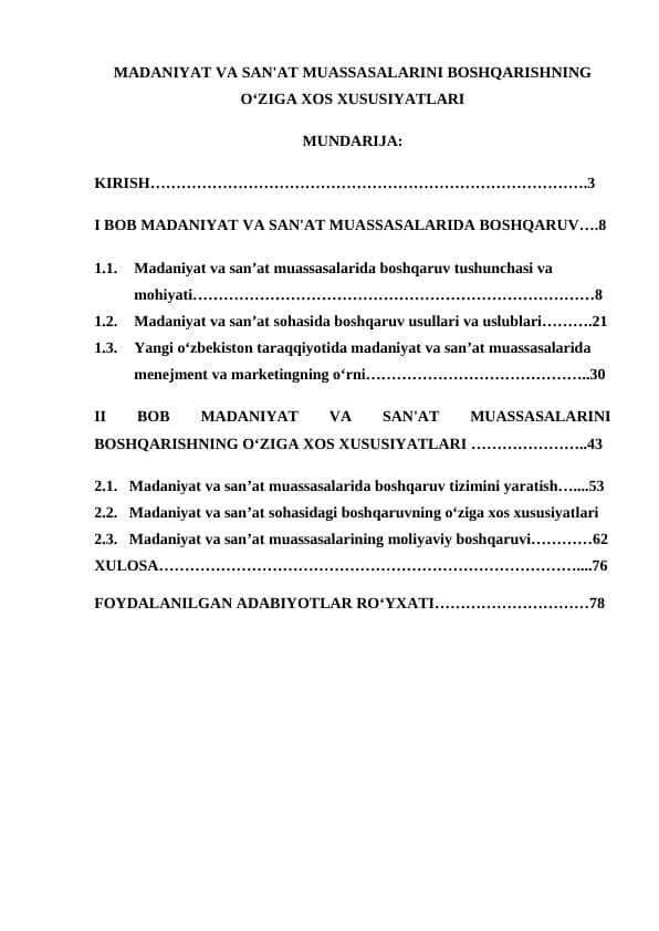 MADANIYAT VA SAN'AT MUASSASALARINI BOSHQARISHNING O‘ZIGA XOS XUSUSIYATLARI