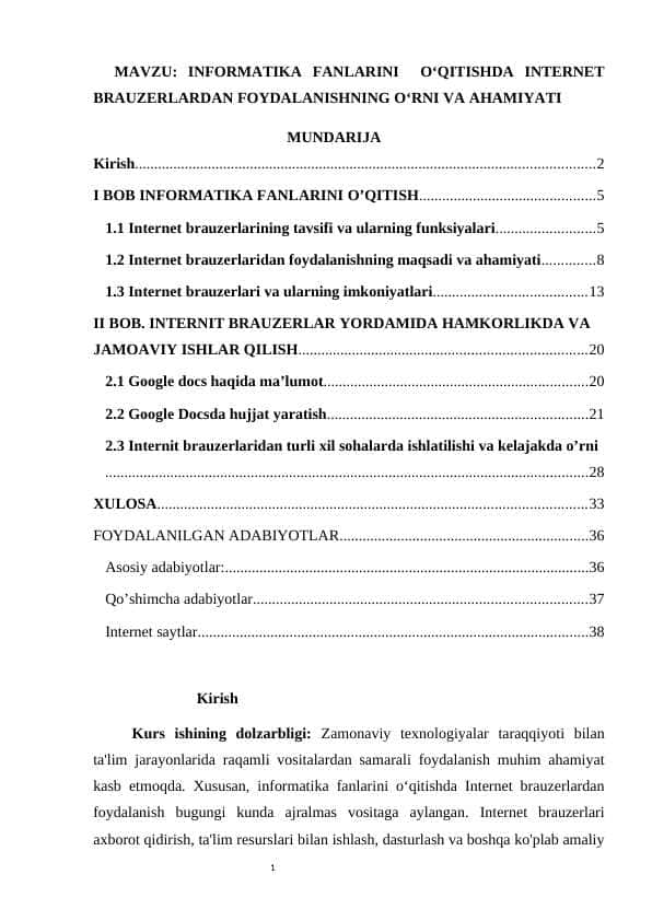 INFORMATIKA FANLARINI O‘QITISHDA INTERNET BRAUZERLARDAN FOYDALANISHNING O‘RNI VA AHAMIYATI