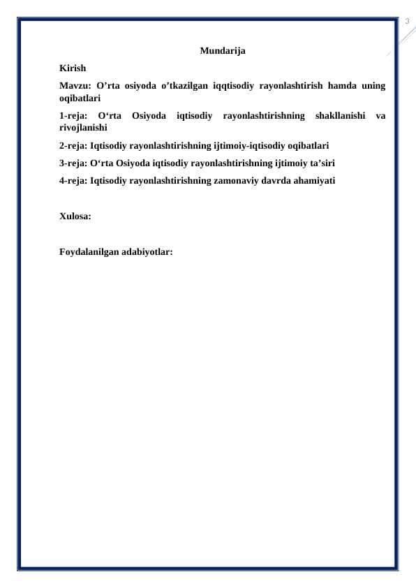 O’rta osiyoda o’tkazilgan iqqtisodiy rayonlashtirish hamda uning oqibatlari kurs ishi