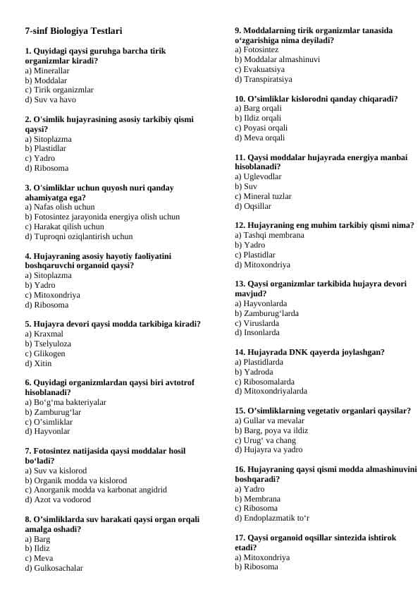 Biologiya fanida 7-8 sinflar uchun test yangi