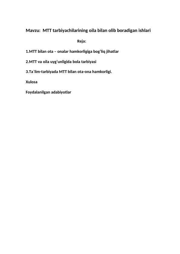 MTT tarbiyachilarining oila bilan olib boradigan ishlari