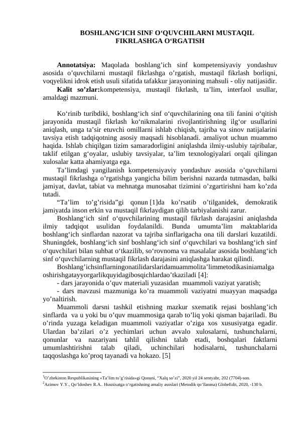 BOSHLANG‘ICH SINF O‘QUVCHILARNI MUSTAQIL FIKRLASHGA O‘RGATISH макола