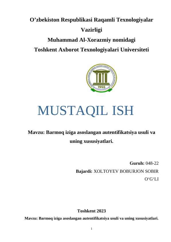Barmoq iziga asoslangan autentifikatsiya usuli va uning xususiyatlari..docx