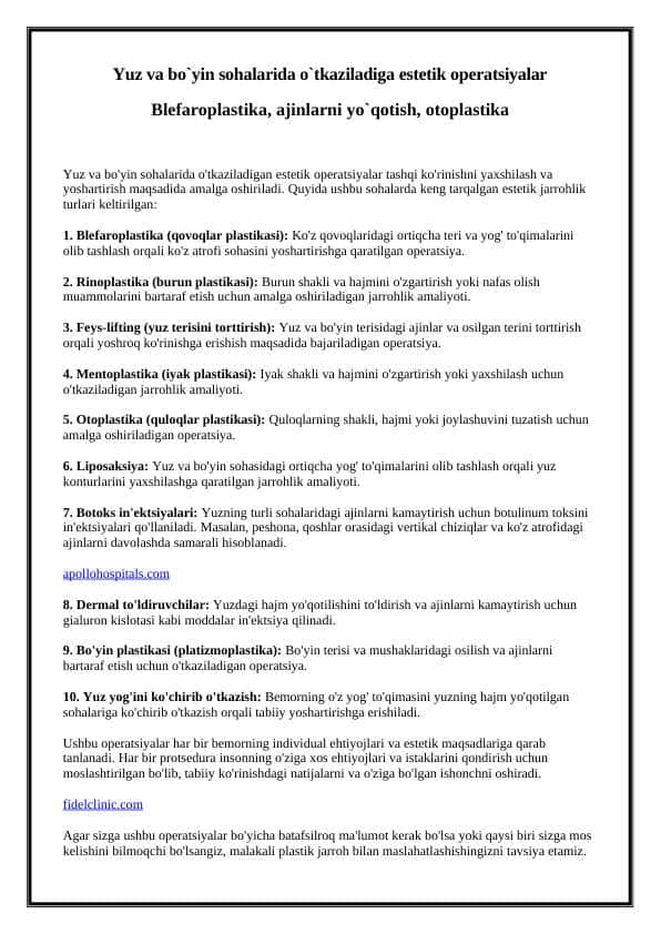 Yuz va bo`yin sohalarida o`tkaziladiga estetik operatsiyalar Blefaroplastika, ajinlarni yo`qotish, otoplastika