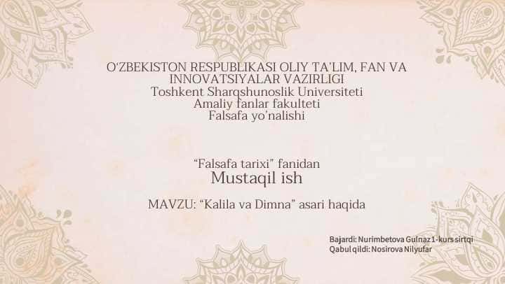 "Kalila va Dimna" asari haqida