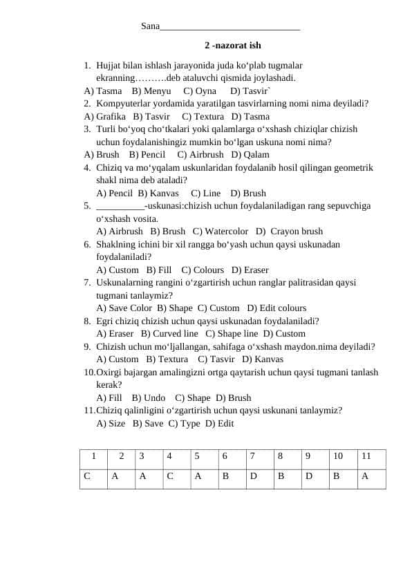 5-sinf informatika 2-chorak nazorat ishi 2025