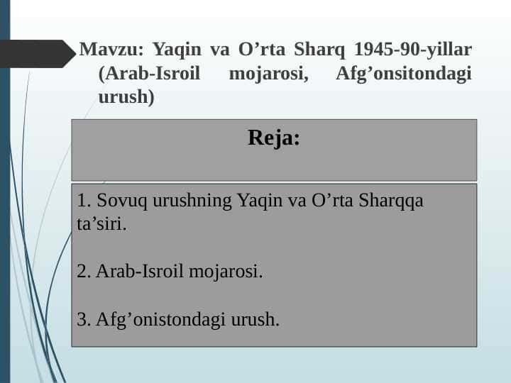 Yaqin va O’rta Sharq 1945-90-yillar (Arab-Isroil mojarosi, Afg’onsitondagi urush)