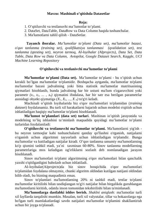 Mashinali o’qitishda Datasetlar