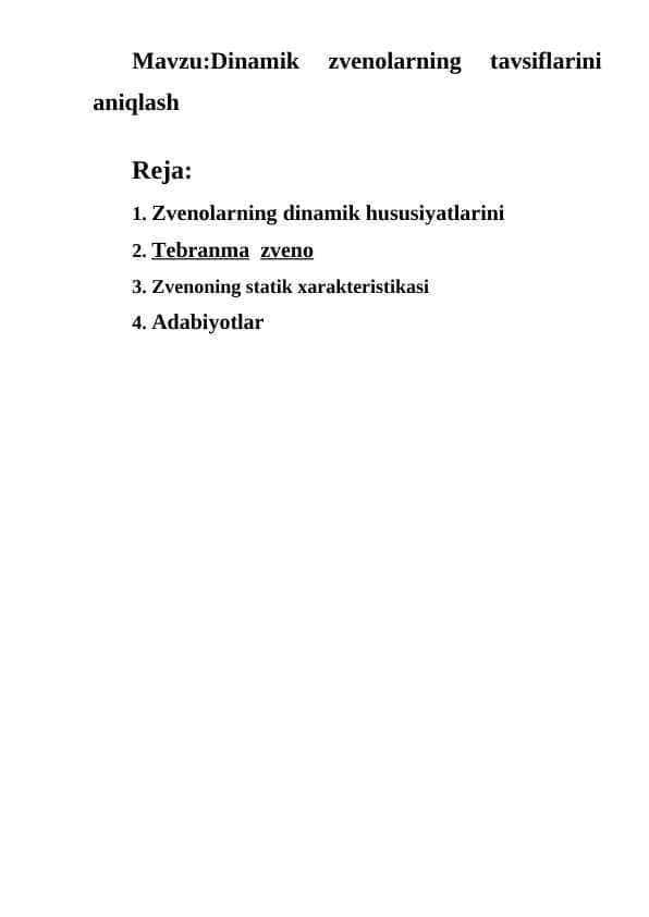 Dinamik zvenolarning tavsiflarini aniqlash