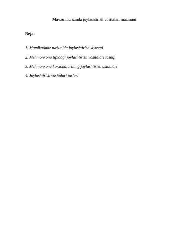 Turizmda joylashtirish vositalari mazmuni