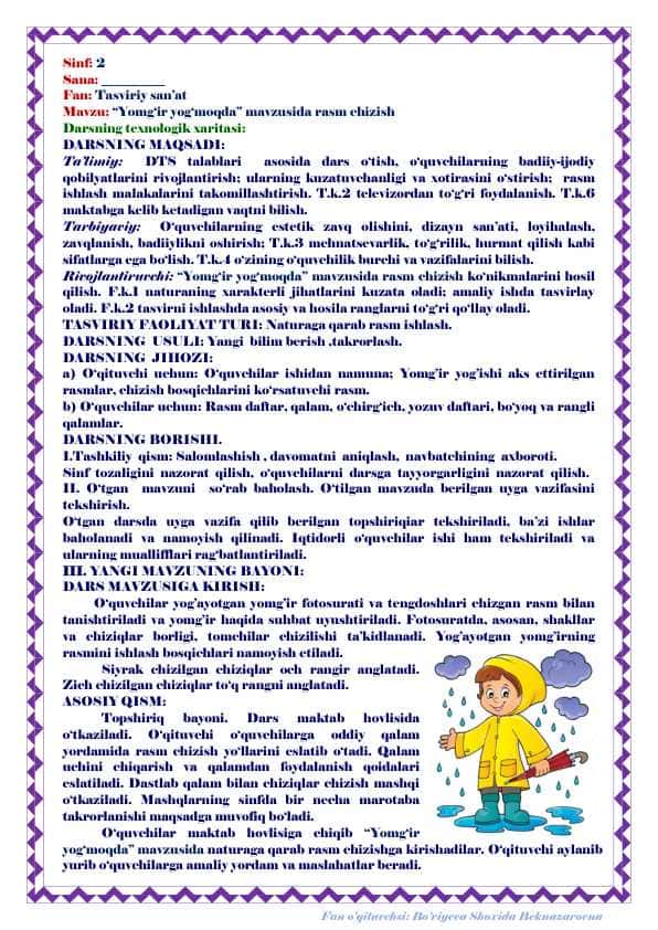 DARS ISHLANMA_2-SINF_9-mavzu. “Yomg'ir yog'moqda” mavzusida rasm chizish