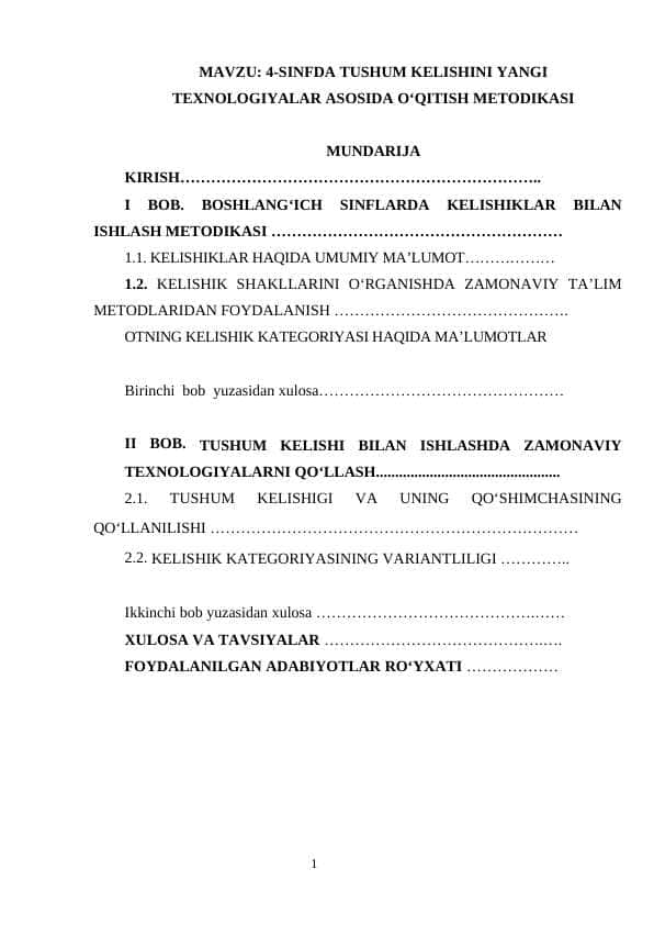 4-SINFDA TUSHUM KELISHINI YANGI TEXNOLOGIYALAR ASOSIDA OʻQITISH METODIKASI