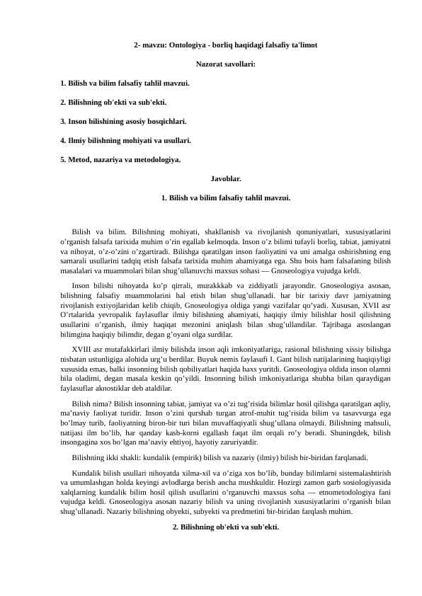 Ontologiya - borliq haqidagi falsafiy ta'limot