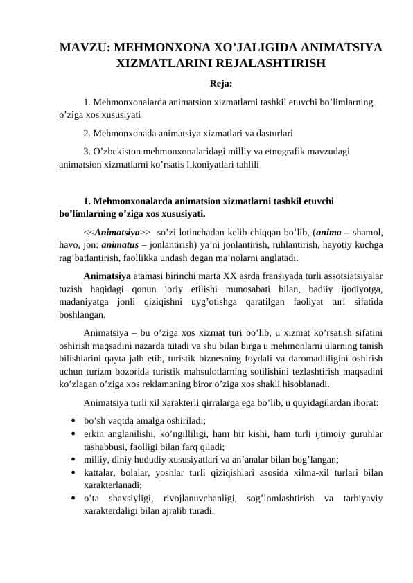 MEHMONXONA XO’JALIGIDA ANIMATSIYA XIZMATLARINI REJALASHTIRISH