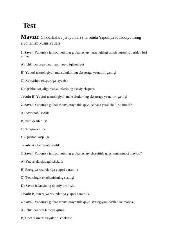 Globallashuv jarayonlari sharoitida Yaponiya iqtisodiyotining rivojlanish xususiyatlari.TEST JAVOBLARI BILAN