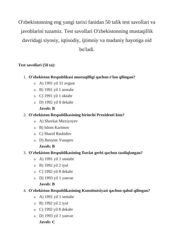 O'zbekistonning eng yangi tarixi fanidan 50 talik test