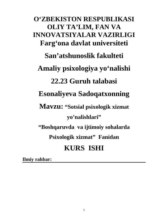 Sotsial psixologik xizmat yo’nalishlari