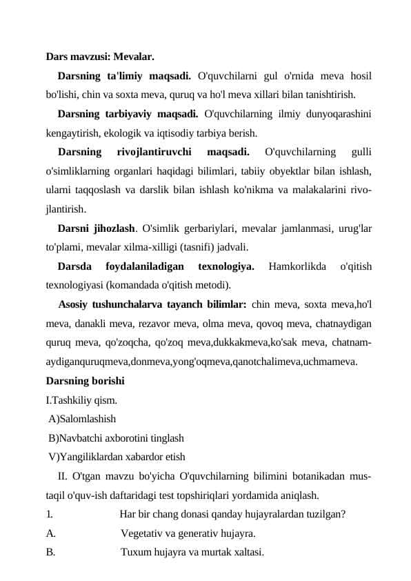 Biologiya bir soatlik dars ishlanma Mevalar