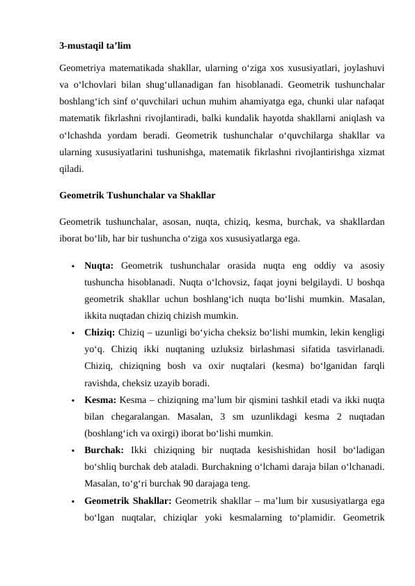 Geometrik tushunchalar mavzusidan mustaqil ta'lim ishi