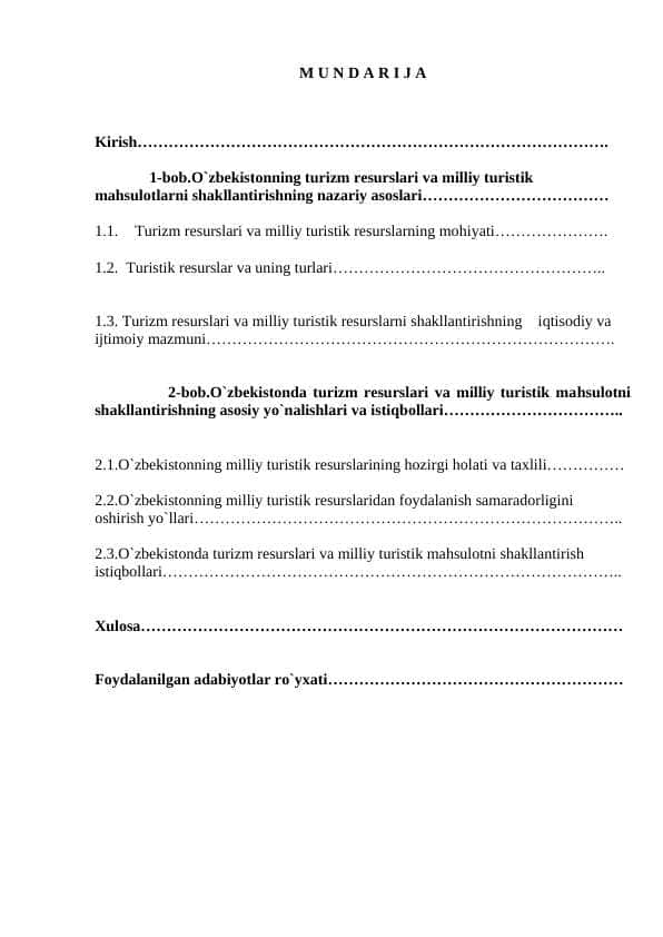 O`zbekistonning turizm resurslari va milliy turistik mahsulotlani shakllantirish .