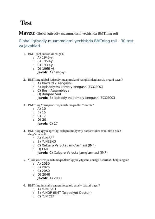 Global iqtisodiy muammolarni yechishda BMTning roli. TEST JAVOBLARI BILAN
