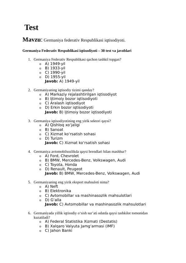Germaniya federativ Respublikasi iqtisodiyoti. TEST JAVOBLARI BILAN
