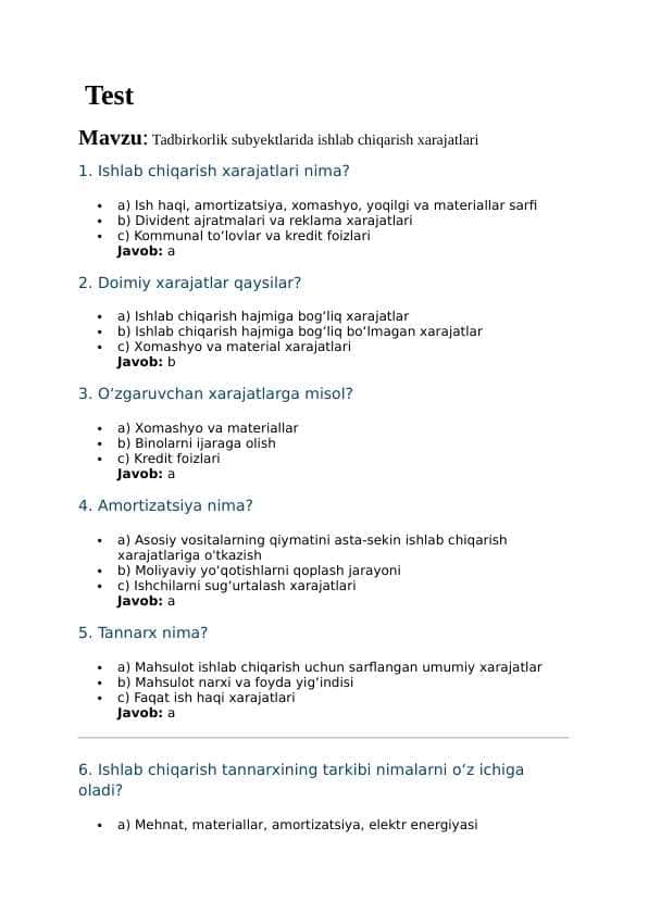 Mavzu: Tadbirkorlik subyektlarida ishlab chiqarish xarajatlari . TEST JAVOBLARI BILAN
