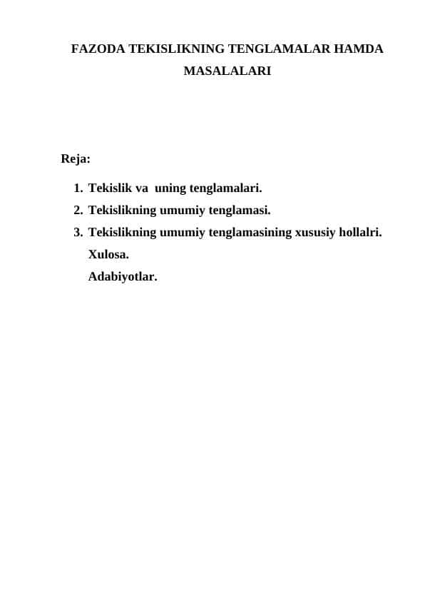 FAZODA TEKISLIKNING TENGLAMALAR HAMDA MASALALARI