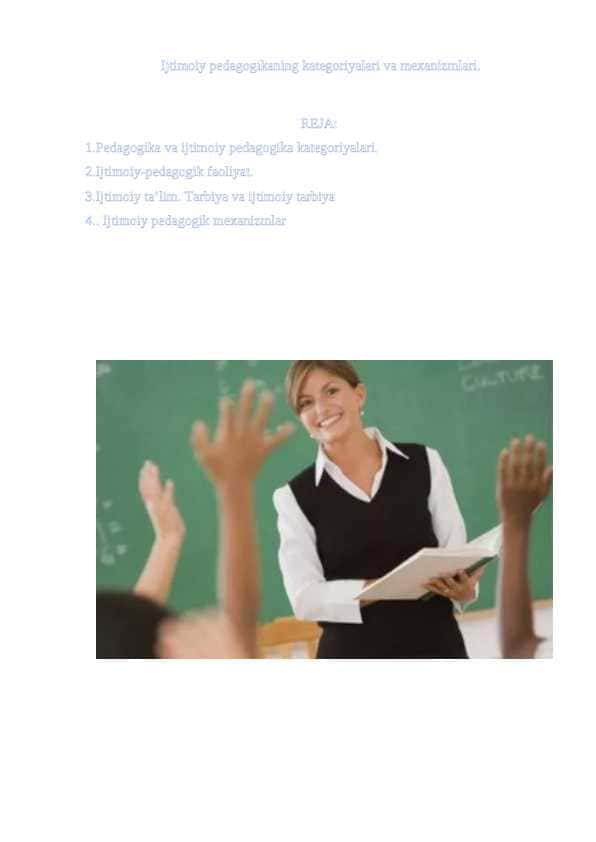Ijtimoiy pedagogikaning kategoriyalari va mexanizmlari.