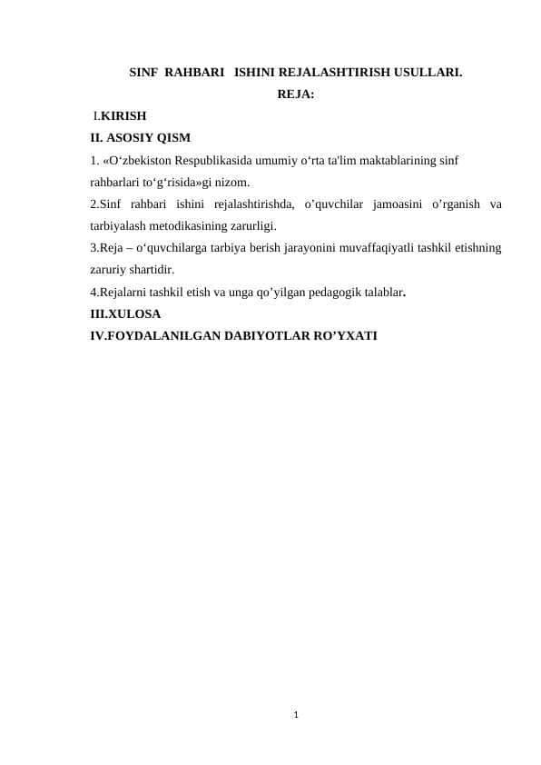 SINF RAHBARI ISHINI REJALASHTIRISH USULLARI