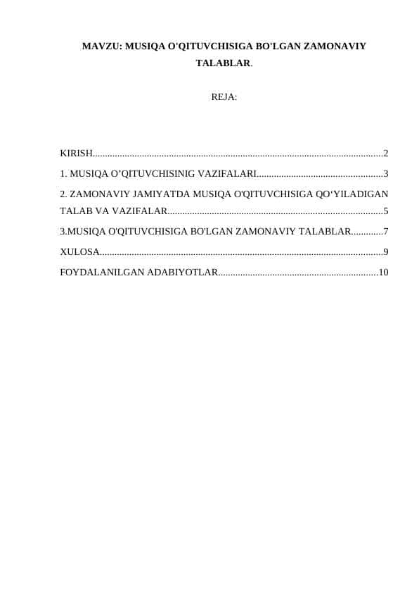 MUSIQA O'QITUVCHISIGA BO'LGAN ZAMONAVIY TALABLAR