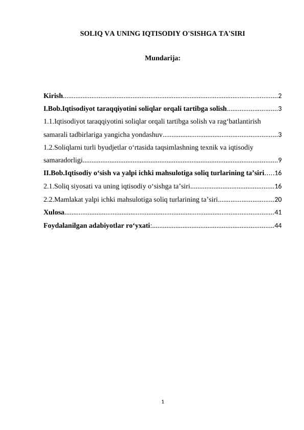 SOLIQ VA UNING IQTISODIY O'SISHGA TA'SIRI