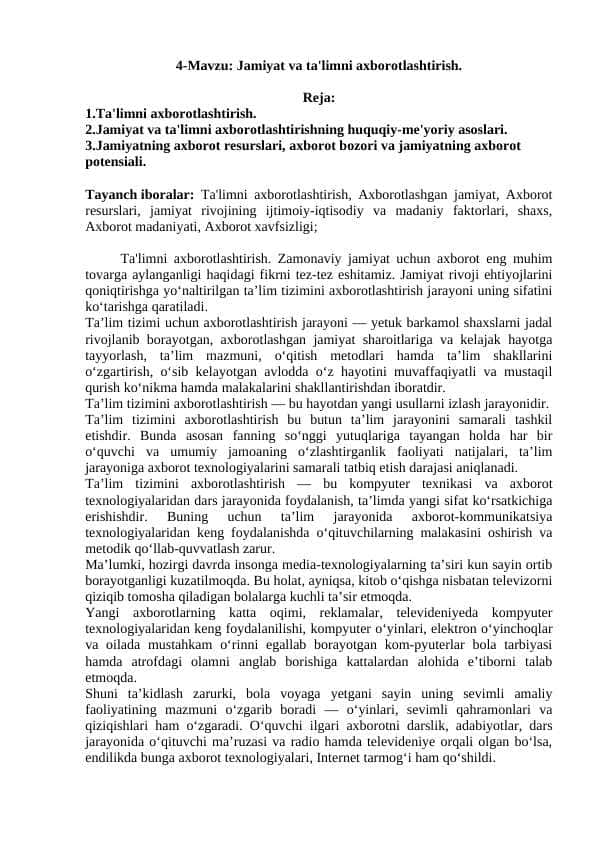 Jamiyat va ta'limni axborotlashtirish