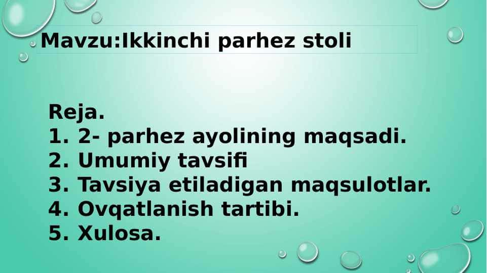 Mavzu:Ikkinchi parhez stoli